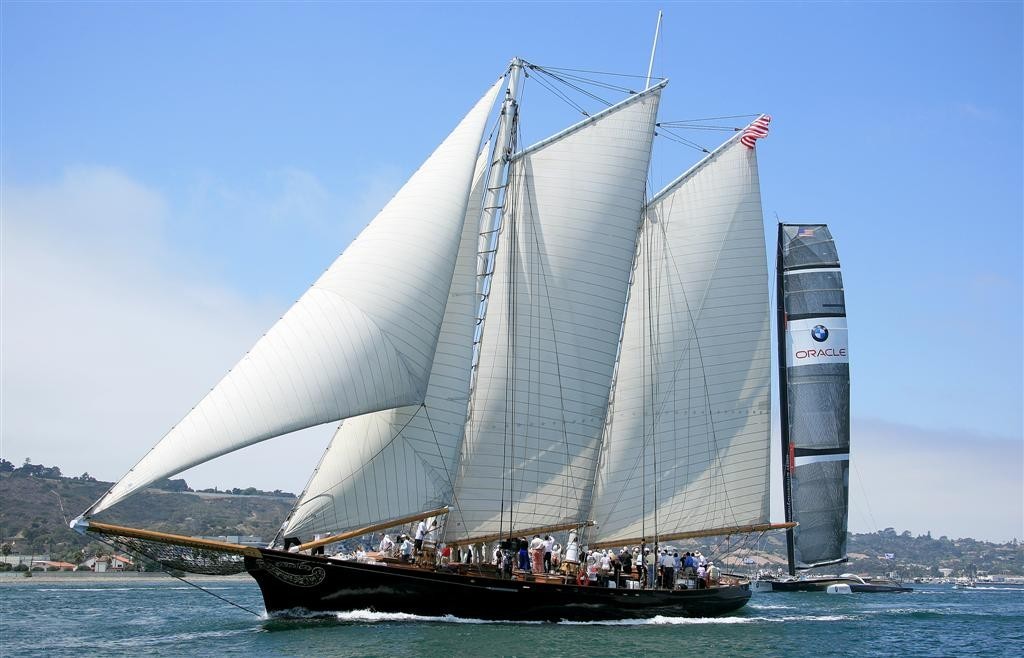 Old and new. America used as spectator boat - BMW Oracle Special event © Darrall Slater